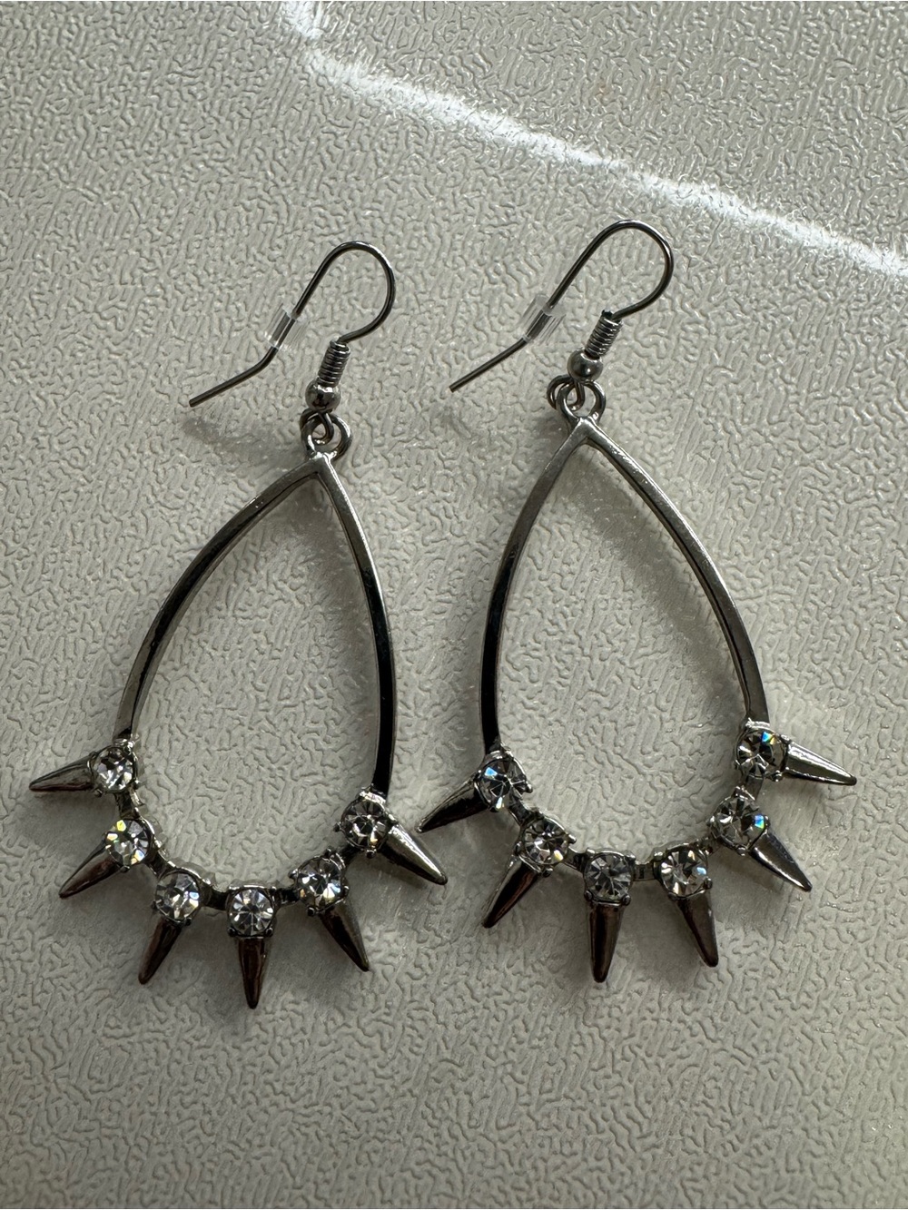 Silver Tone Teardrop Spike Clear Rhinestone Dangle Hook Hoop Earrings 2 3/8"